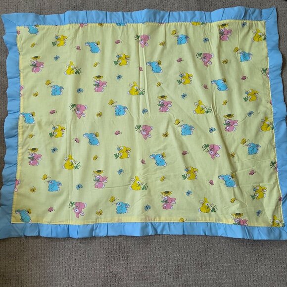 Vintage Cannon Mills Baby Blanket Yellow Bunnies Satin Trim Pastel  37" x 45" - Picture 1 of 10
